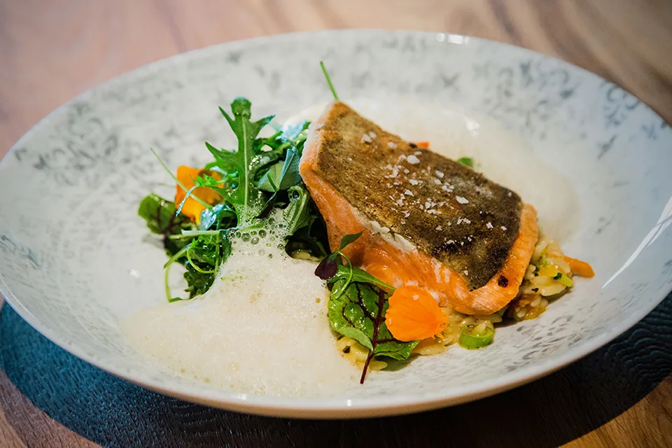 Ein Teller mit gegrilltem Lachs, frischem Salat und Schaum.
